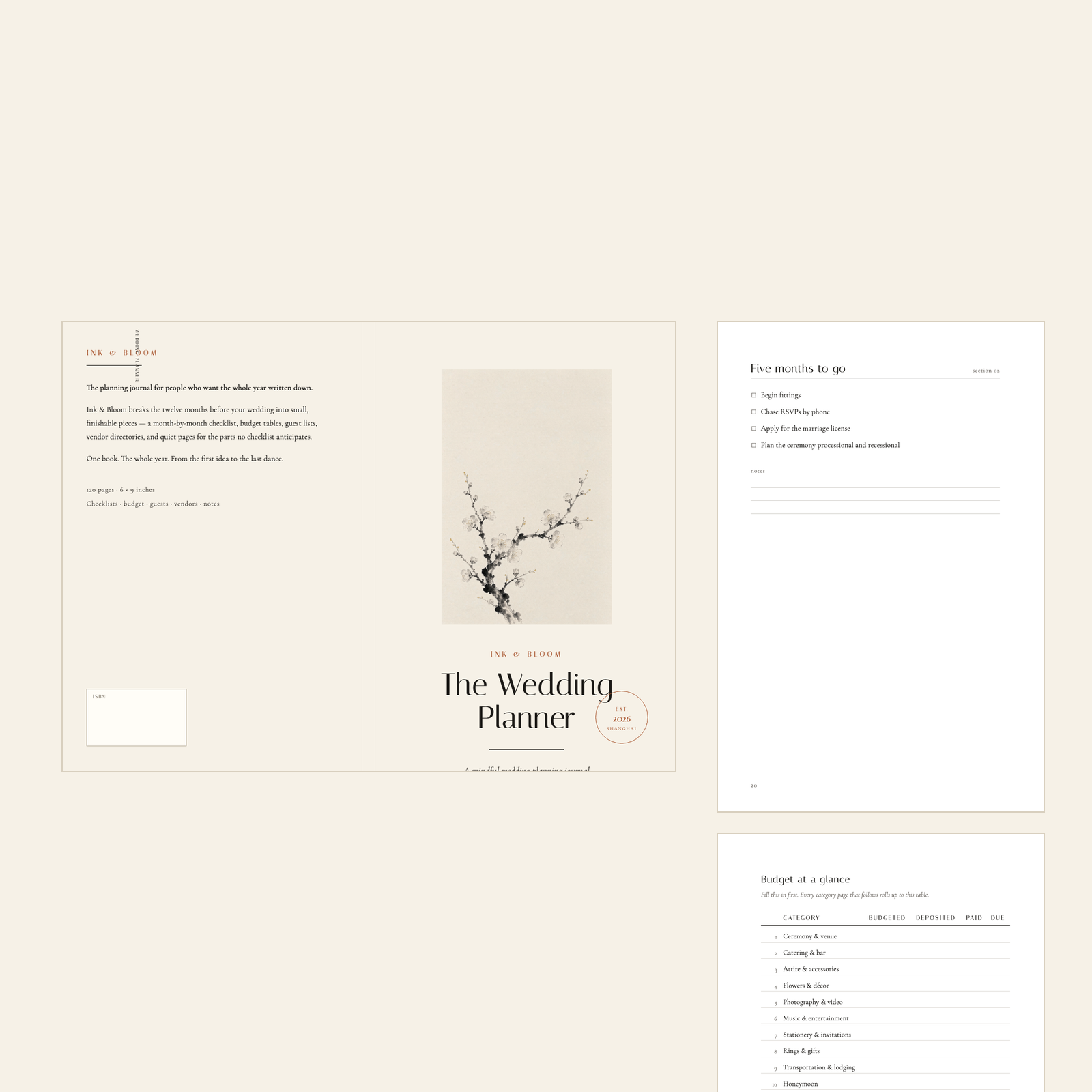 The Ink & Bloom Wedding Planner — 120-page ink-wash planning journal